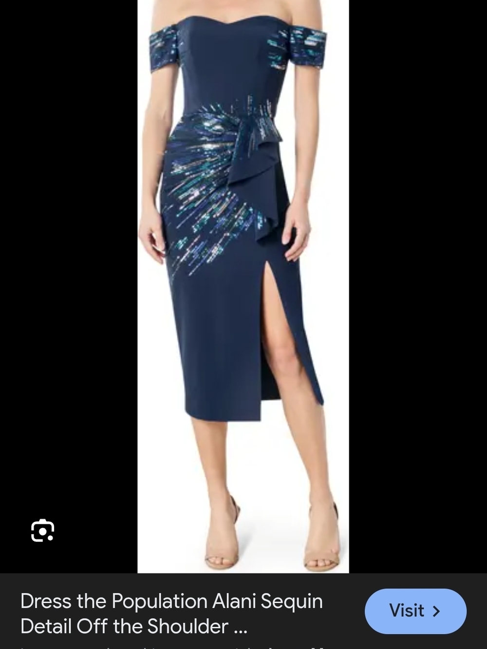 Dress the Population Navy Off-Shoulder Midi Skirt with Iridescent Sequin Detail